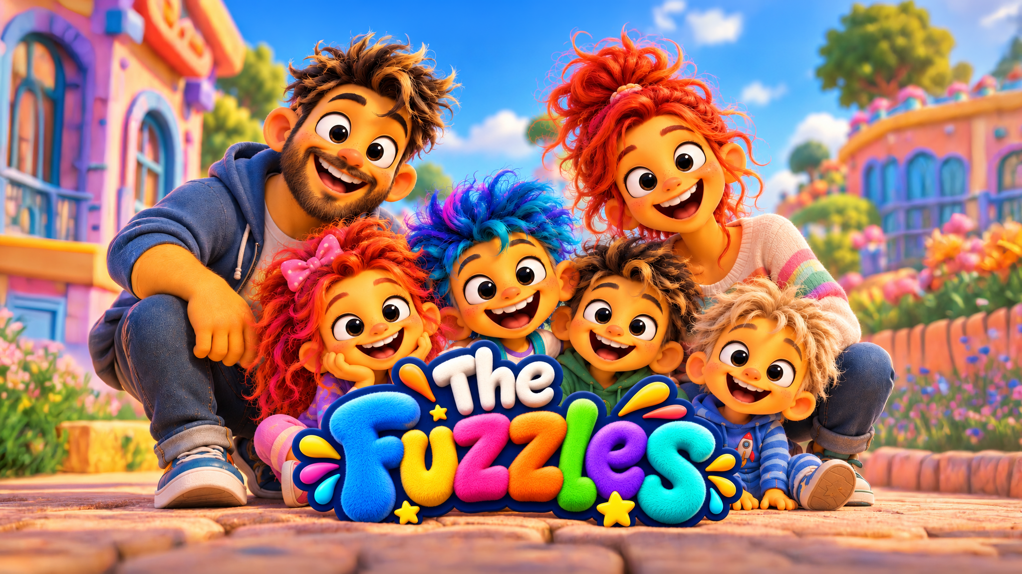 The Fuzzles family — two grown-ups and four fuzzy-haired kids — grinning together on a sunny, colorful street